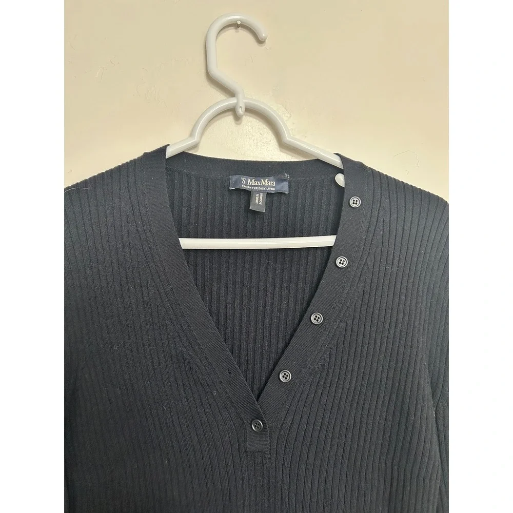 'S Max‎ Mara Black Ribbed V Neck Button Up Long Sleeve Sweater Top L - Picture 2 of 14